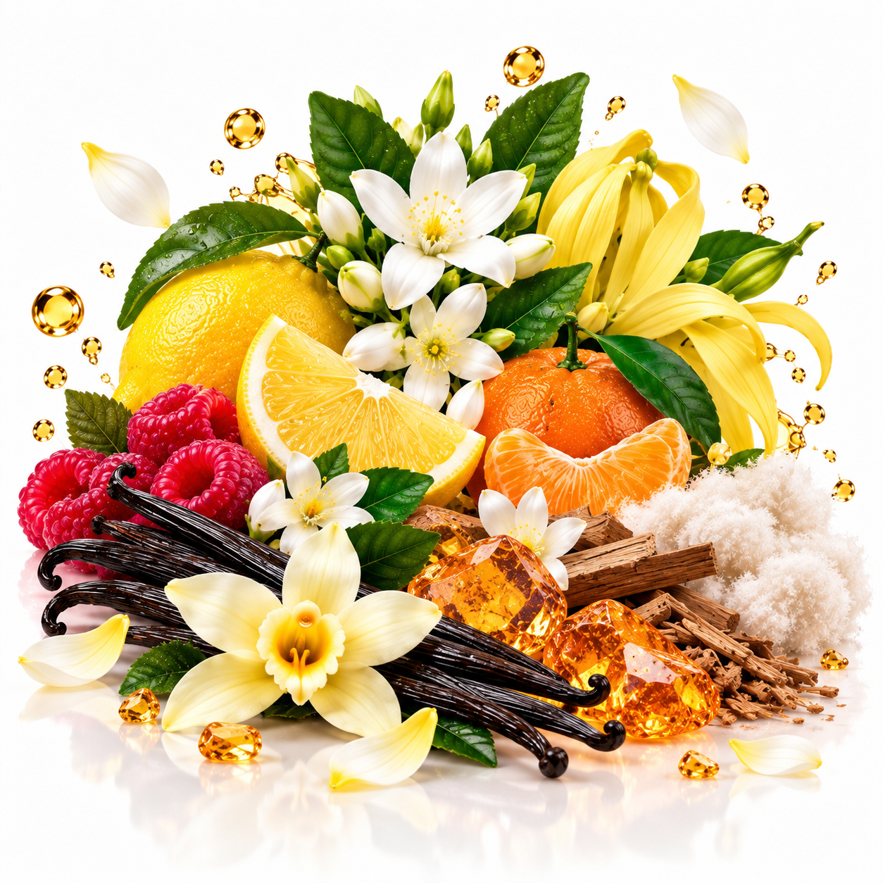 A colorful arrangement of citrus fruits, white flowers, vanilla beans, raspberries, amber crystals, cinnamon sticks, and petals on a clean white background.