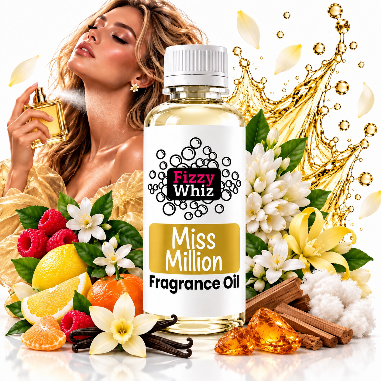 A bottle of Fizzy Whiz 'Miss Million' fragrance oil is centered in a styled commercial composition. The bottle is surrounded by fragrance ingredients including lemons, raspberries, vanilla beans, cinnamon sticks, and white flowers.
