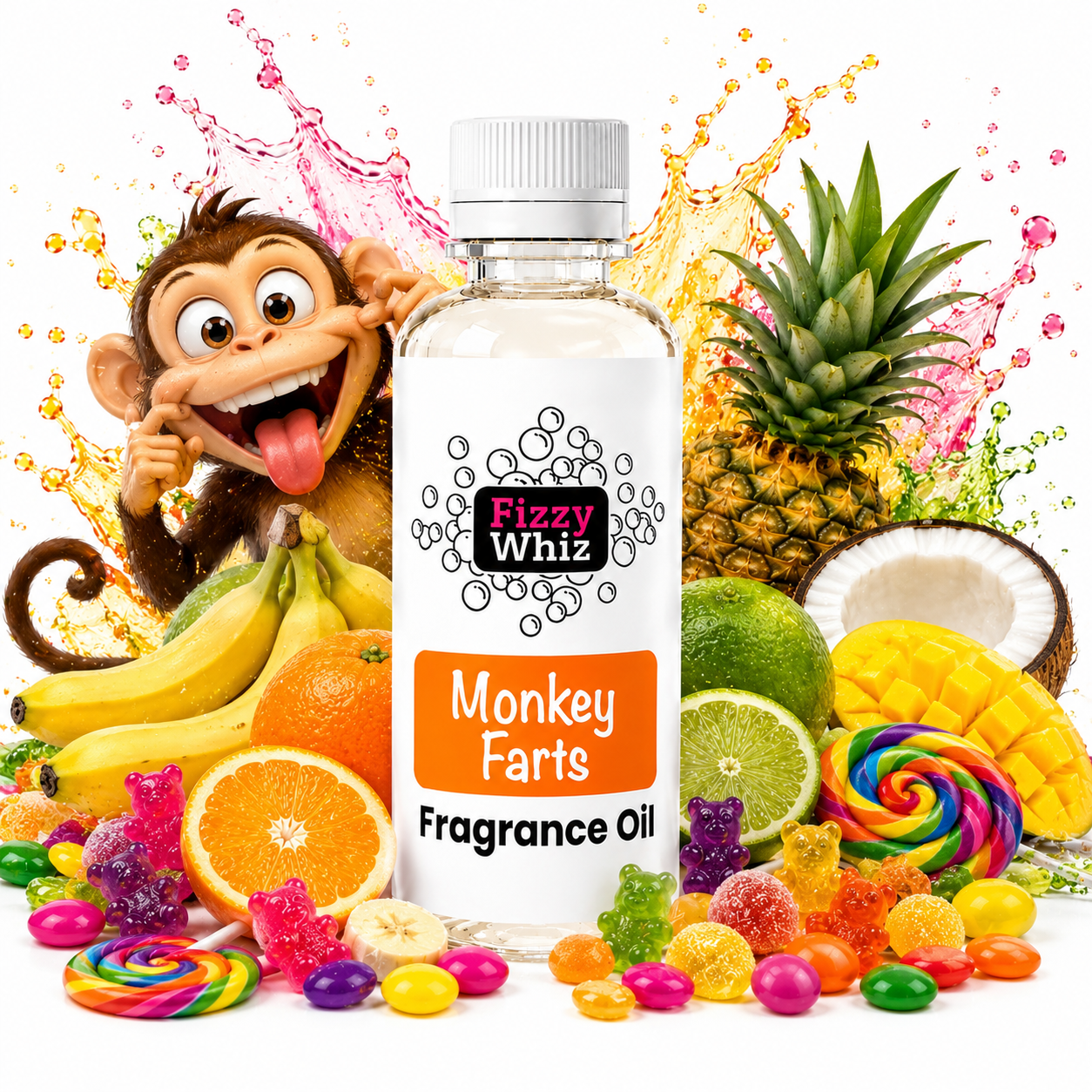 A bottle of Fizzy Whiz Monkey Farts Fragrance Oil centered on a white background, surrounded by tropical fruits, candy, and a cartoon monkey with its tongue out. The label clearly shows the brand 'Fizzy Whiz' and product name 'Monkey Farts Fragrance Oil'.