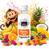 A bottle of Fizzy Whiz Monkey Farts Fragrance Oil centered on a white background, surrounded by tropical fruits, candy, and a cartoon monkey with its tongue out. The label clearly shows the brand 'Fizzy Whiz' and product name 'Monkey Farts Fragrance Oil'.