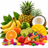 A vibrant assortment of fresh fruits and colorful candies arranged together on a clean white background, including a whole pineapple, sliced oranges, limes, strawberries, mango, bananas, coconuts, and rainbow lollipops and gummy bears.