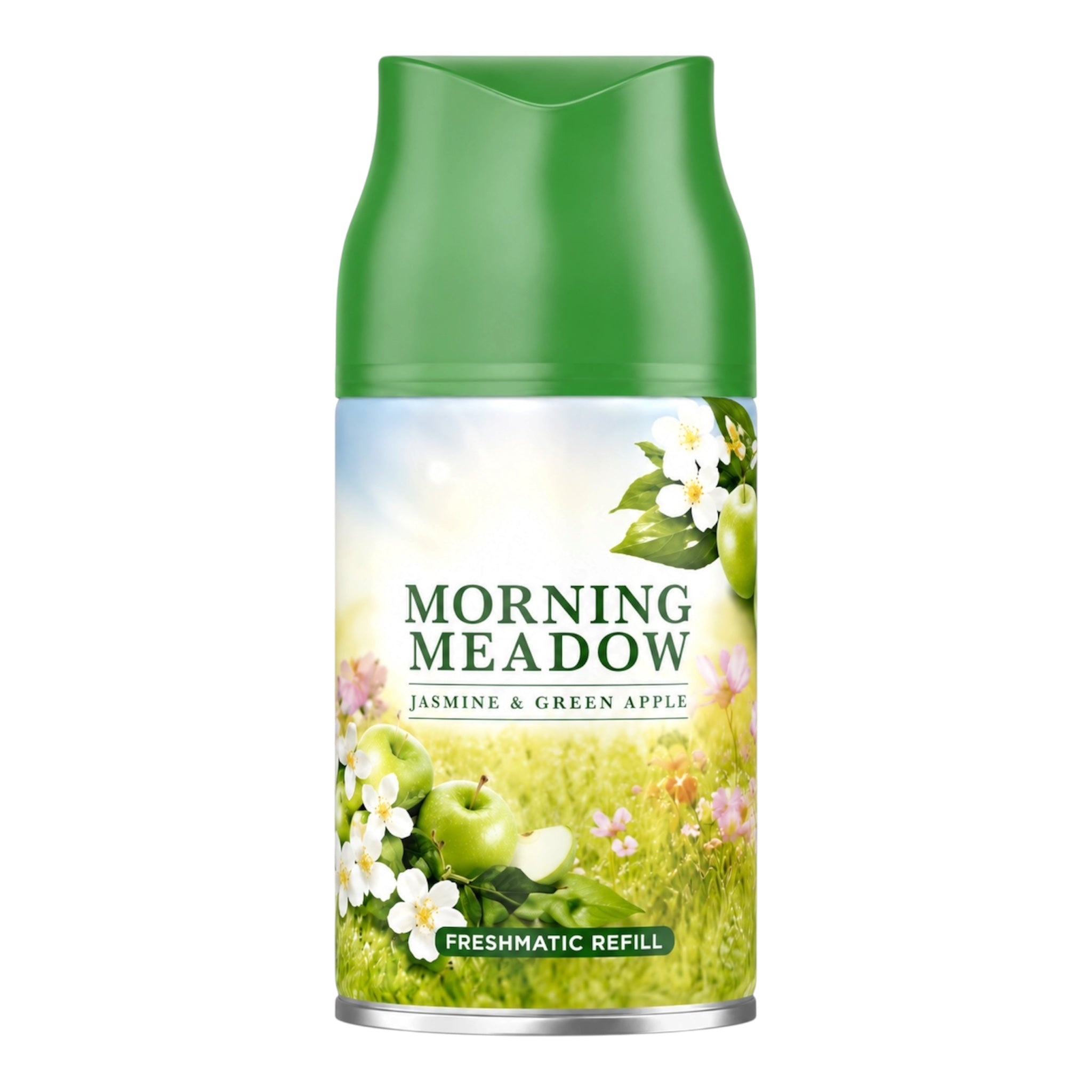 A Morning Meadow Jasmine & Green Apple freshmatic refill can with a green cap and a label featuring green apples and white flowers on a grassy field.