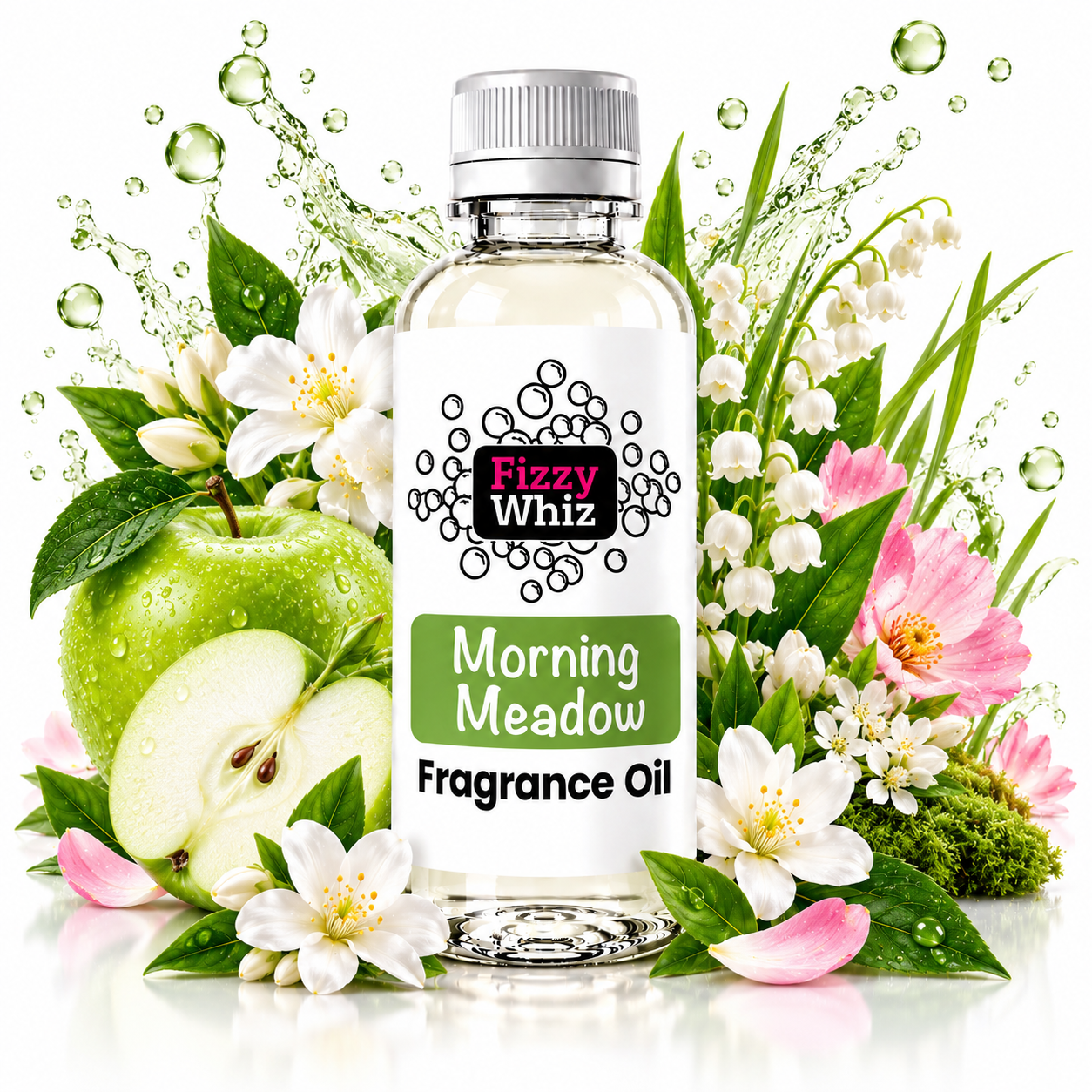 A bottle of Fizzy Whiz Morning Meadow Fragrance Oil centered on a white background, surrounded by decorative botanical elements including a green apple, white blossoms, pink flowers, green leaves, and water droplets. The bottle has a clear cap, clear liquid, and a white label with green and black text.