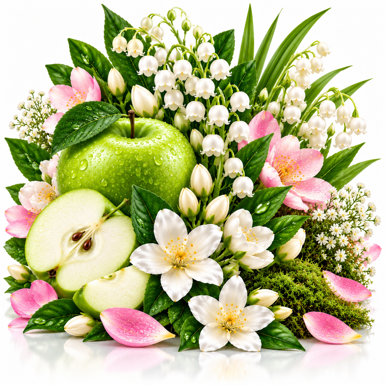 A vibrant spring floral arrangement featuring a whole and sliced green apple, white lily of the valley flowers, pink blossoms, green leaves, and delicate white flowers on a clean white background.