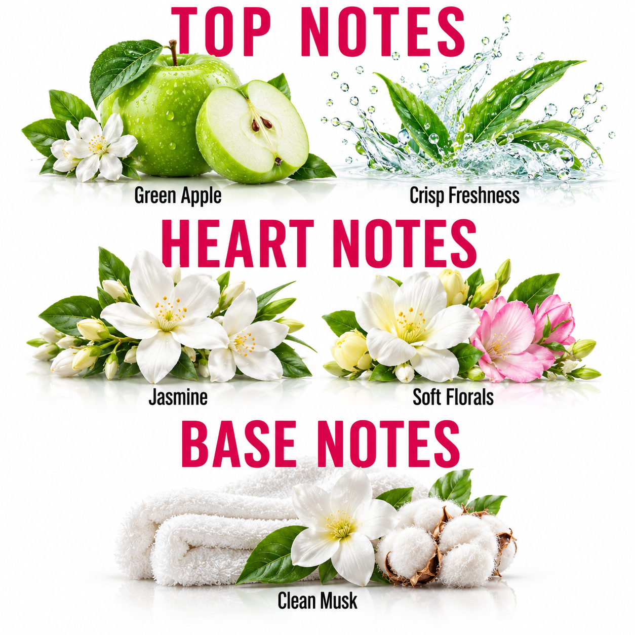 A fragrance notes graphic with the headings 'TOP NOTES', 'HEART NOTES', and 'BASE NOTES' on a white background. Top notes are shown with a green apple and water splash labeled 'Green Apple' and 'Crisp Freshness'; heart notes are shown with white and pink flowers labeled 'Jasmine' and 'Soft Florals'; base notes are shown with a folded white towel and cotton labeled 'Clean Musk'.