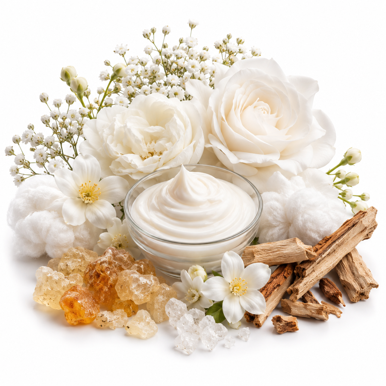 A styled beauty product arrangement featuring a small glass bowl filled with thick white cream, surrounded by white flowers, cotton buds, amber crystals, and pieces of cinnamon on a clean white background.
