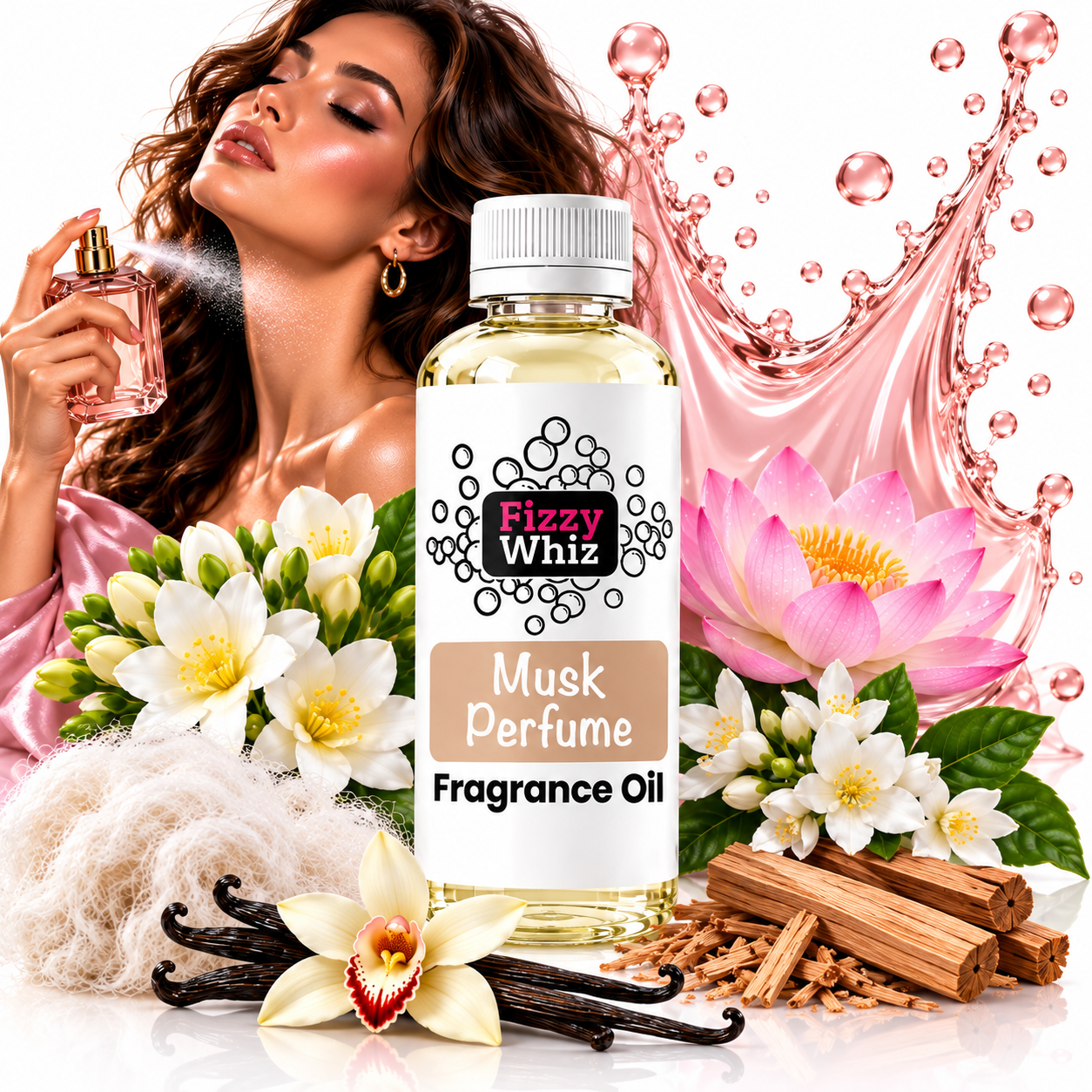 A bottle of Fizzy Whiz Musk Perfume Fragrance Oil is centered against a white background, surrounded by decorative elements including a woman spraying perfume, pink lotus flowers, white orchids, vanilla beans, cinnamon sticks, and a pink liquid splash graphic.