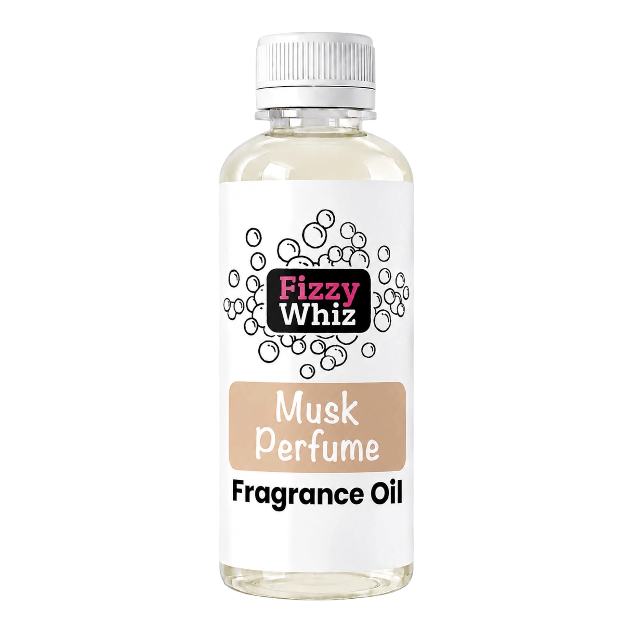 A bottle of Fizzy Whiz Musk Perfume Fragrance Oil with a white cap and white label, featuring a beige label block and black text, on a plain white background.