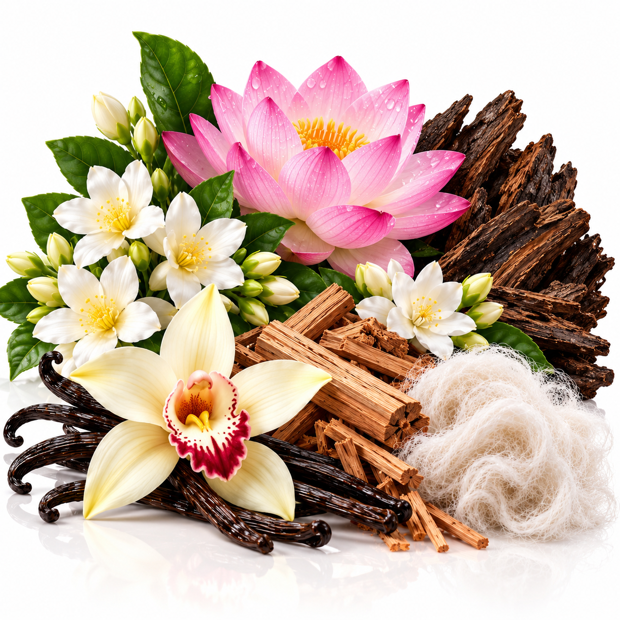 A styled botanical arrangement on a white background featuring a pink lotus flower, white jasmine blossoms, a vanilla orchid, dark vanilla beans, cinnamon sticks, brown bark pieces, and a fluffy white fiber bundle.