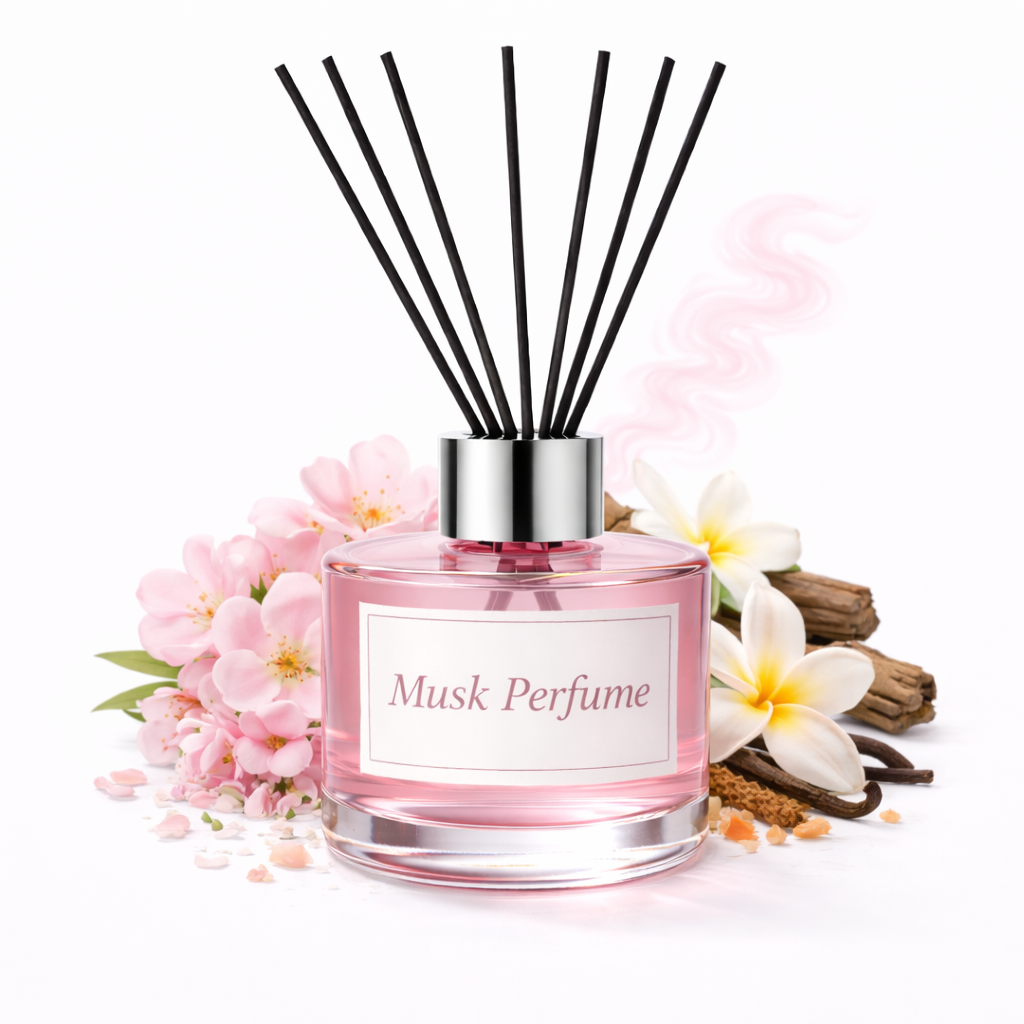 Musk reed diffuser bottle with black reeds, flowers, and cinnamon sticks on a white background