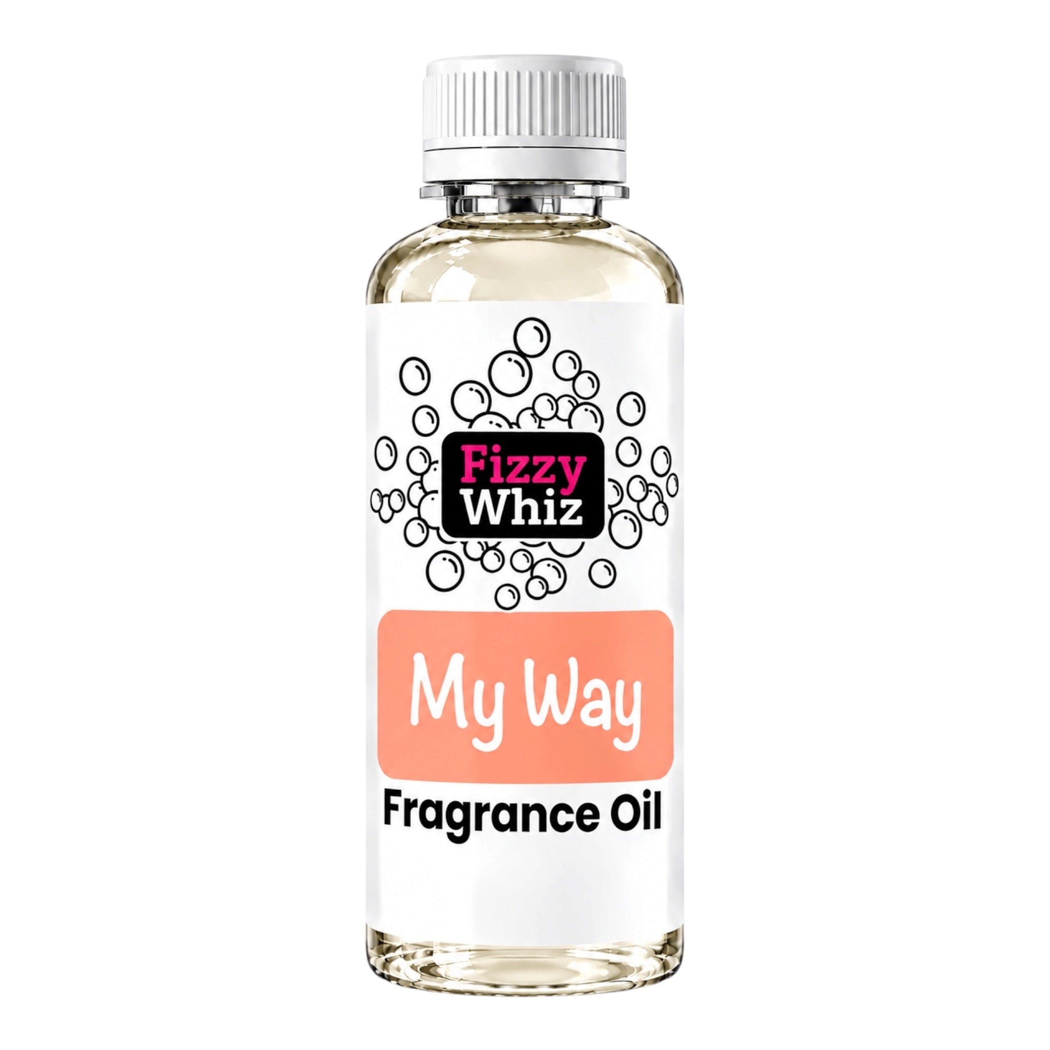 A bottle of Fizzy Whiz 'My Way' fragrance oil with a white cap, clear glass bottle showing the liquid inside, and a white label with pink and black text.