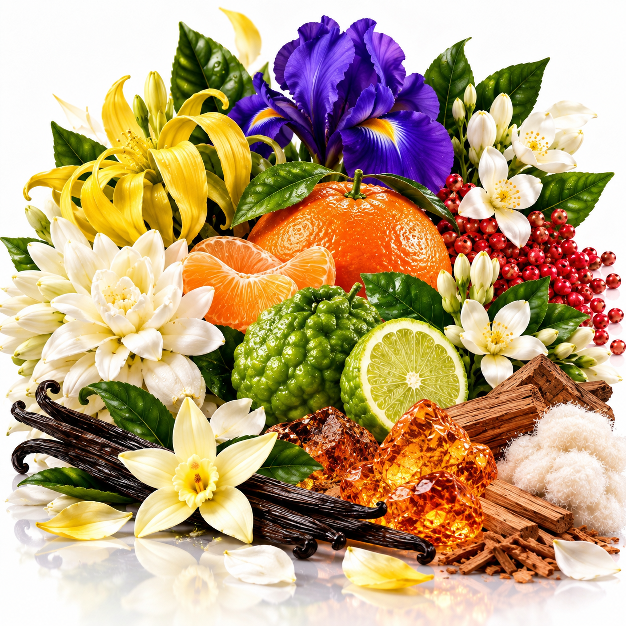 A colorful botanical still life featuring citrus fruits, vanilla beans, cinnamon sticks, amber resin, cotton bolls, and white flowers with green leaves on a white background.