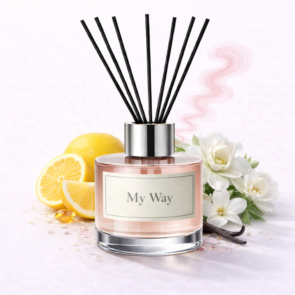 Diffuser with 'My Way' label surrounded by lemons and flowers on a white background