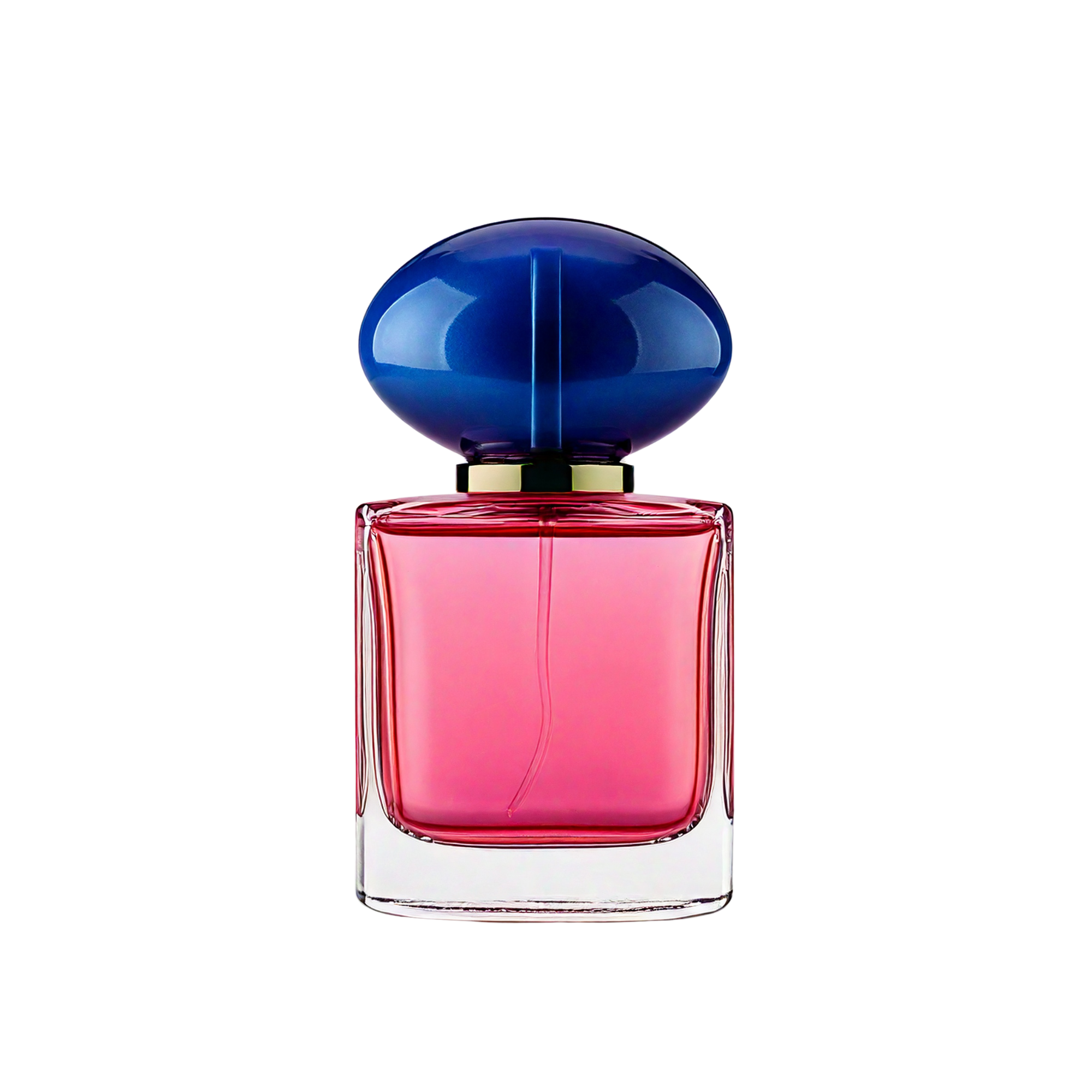 A perfume bottle with a blue cap and pink liquid, representing the Reed Diffuser Pre Mixed Ready Made Scented Oil.
