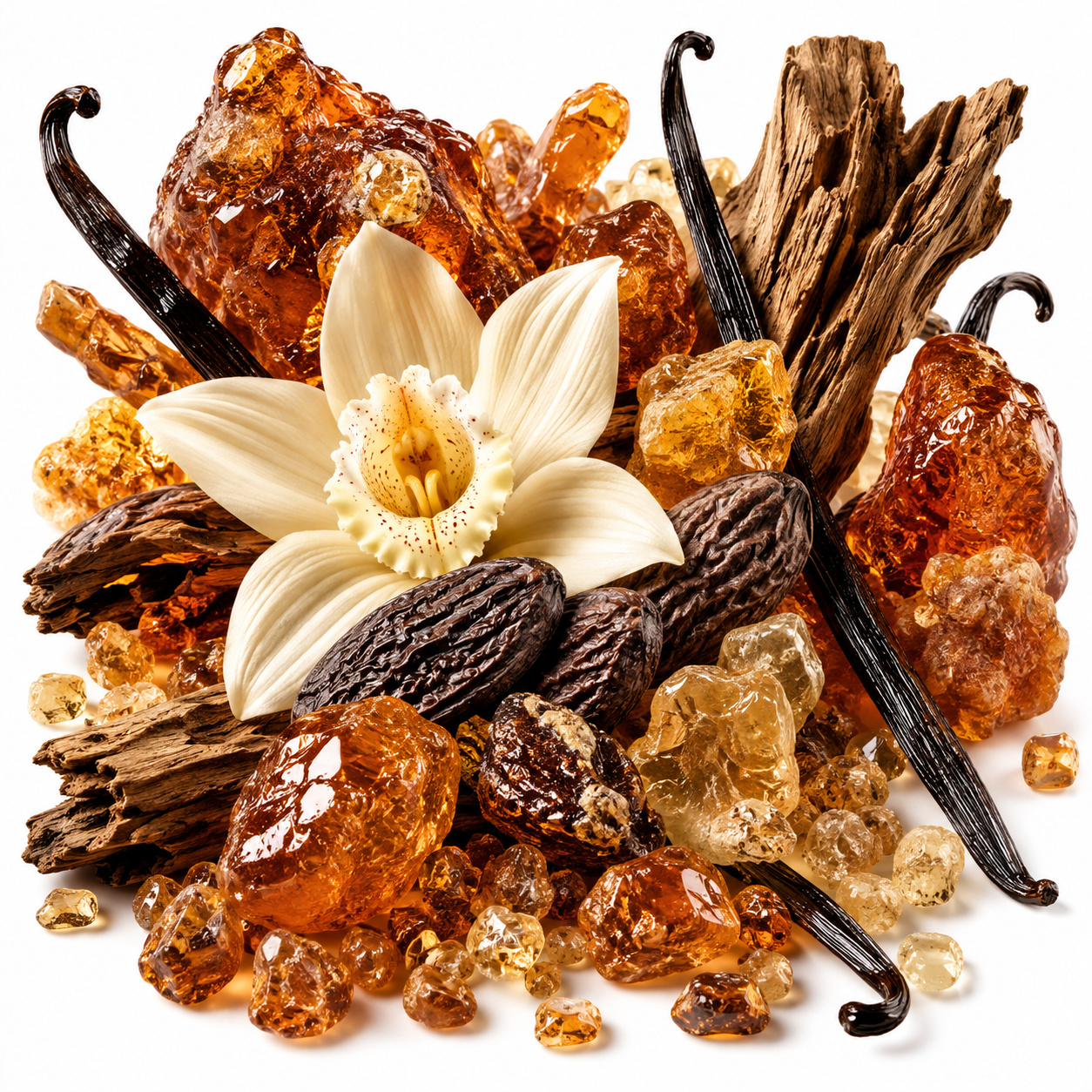 A styled botanical ingredient pile on a white background featuring amber-colored resin stones, vanilla beans, a white orchid flower, dark brown wood pieces, and dried pods.