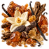 A styled botanical ingredient pile on a white background featuring amber-colored resin stones, vanilla beans, a white orchid flower, dark brown wood pieces, and dried pods.