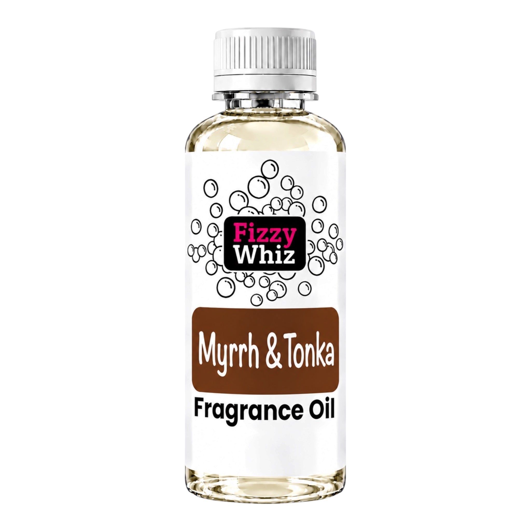 A bottle of Fizzy Whiz Myrrh & Tonka Fragrance Oil with a white cap and white label, containing a pale yellow liquid, shown on a plain white background.