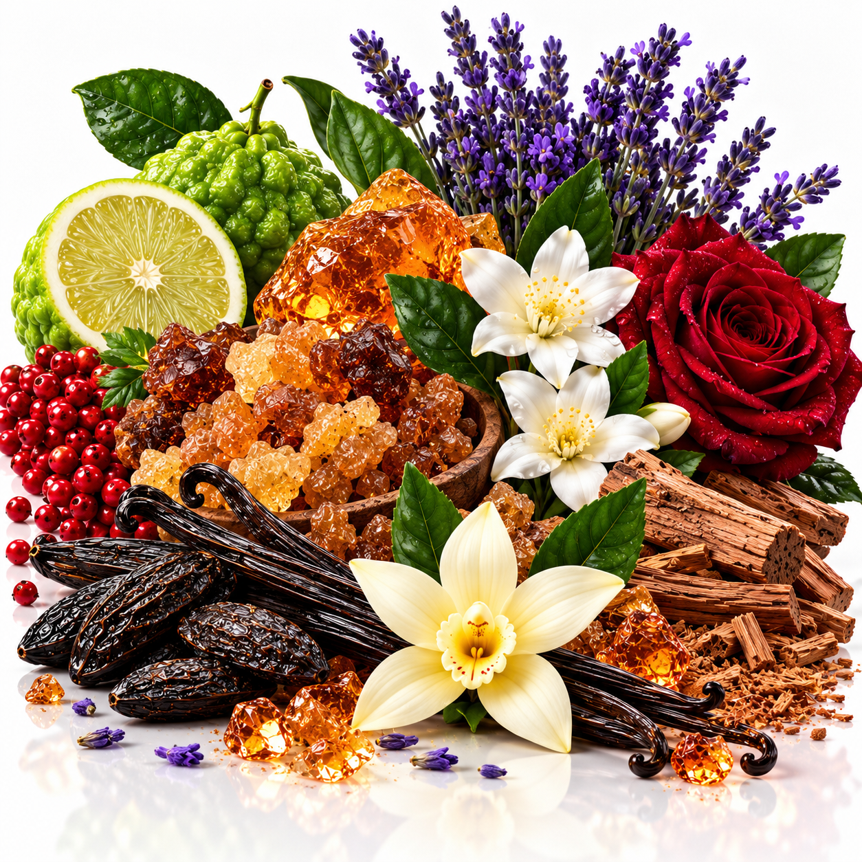 A styled botanical still life featuring amber crystals, vanilla beans, a sliced lime, red berries, a red rose, white blossoms, purple lavender, and green leaves on a white background.