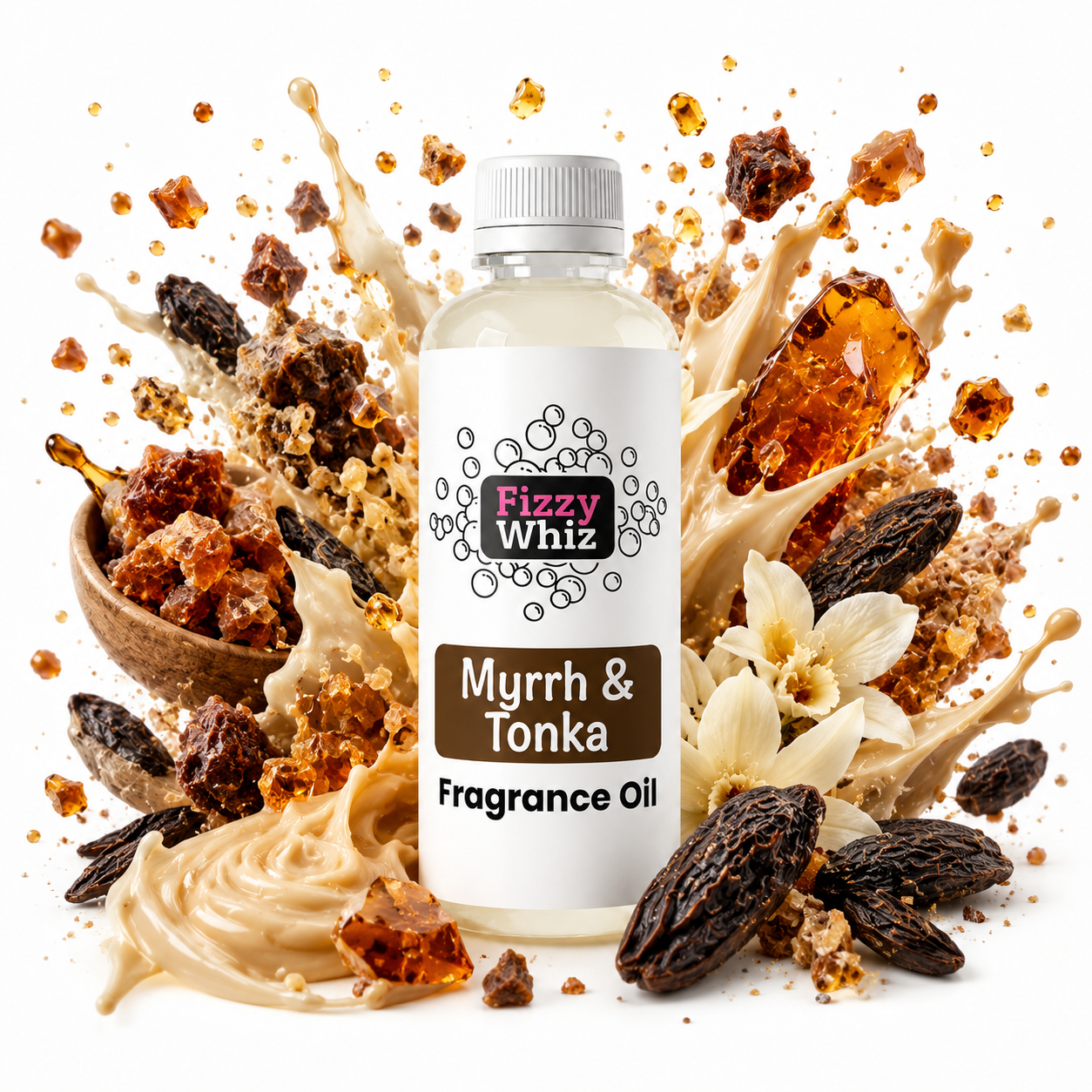 A bottle of Fizzy Whiz Myrrh & Tonka Fragrance Oil centered against a white background, surrounded by a dynamic splash of amber liquid and ingredients including myrrh bark, amber crystals, and white flowers.