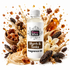 A bottle of Fizzy Whiz Myrrh & Tonka Fragrance Oil centered against a white background, surrounded by a dynamic splash of amber liquid and ingredients including myrrh bark, amber crystals, and white flowers.