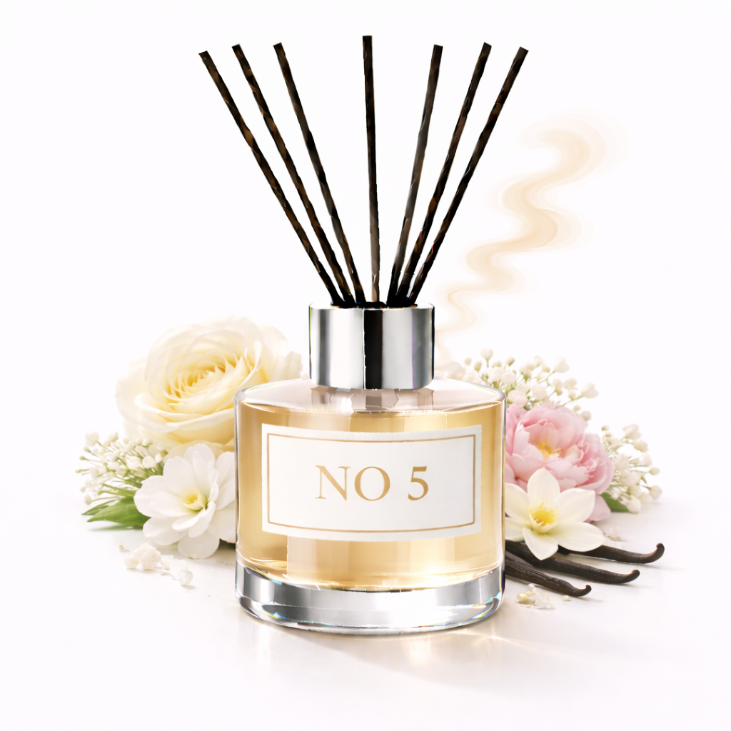 NO 5 Reed Diffuser Oil with flowers, vanilla pods on white background