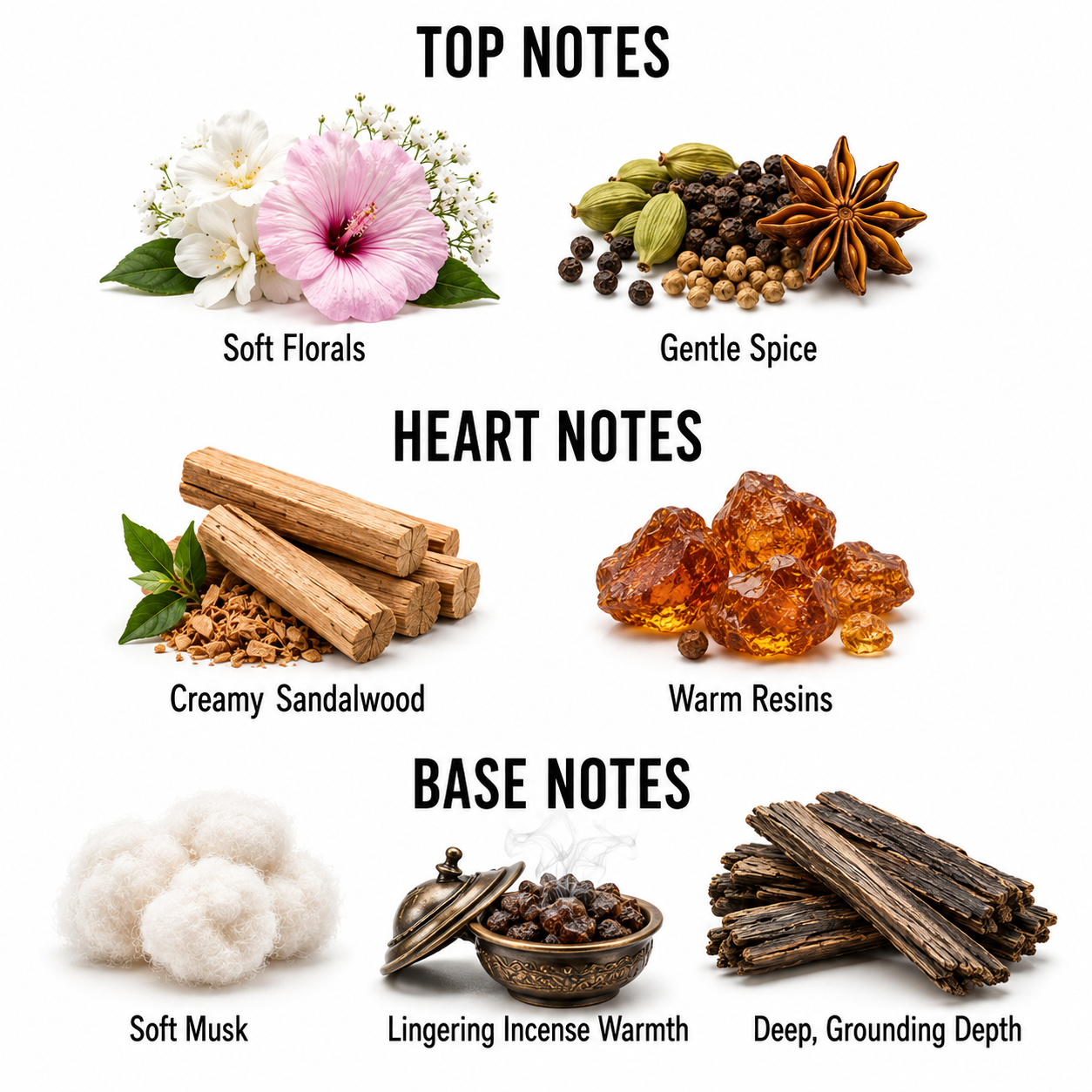 An infographic showing fragrance notes labeled 'TOP NOTES', 'HEART NOTES', and 'BASE NOTES' with illustrated and photographed ingredients: soft florals, gentle spice, creamy sandalwood, warm resins, soft musk, lingering incense warmth, and deep grounding depth on a white background.