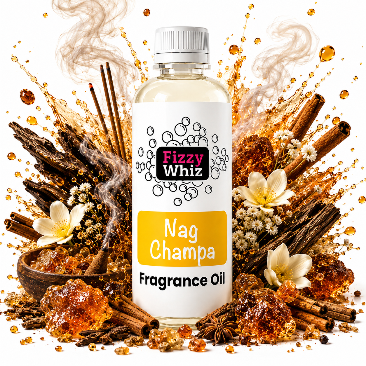 Fizzywhiz Nag Champa fragrance oil bottle surrounded by warm amber resin, incense sticks, rich woods, cinnamon and delicate white flowers on a clean white background.