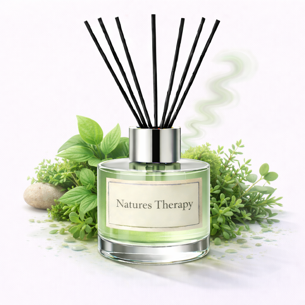 Natures Therapy Reed Diffuser Oil with leaves on white background 