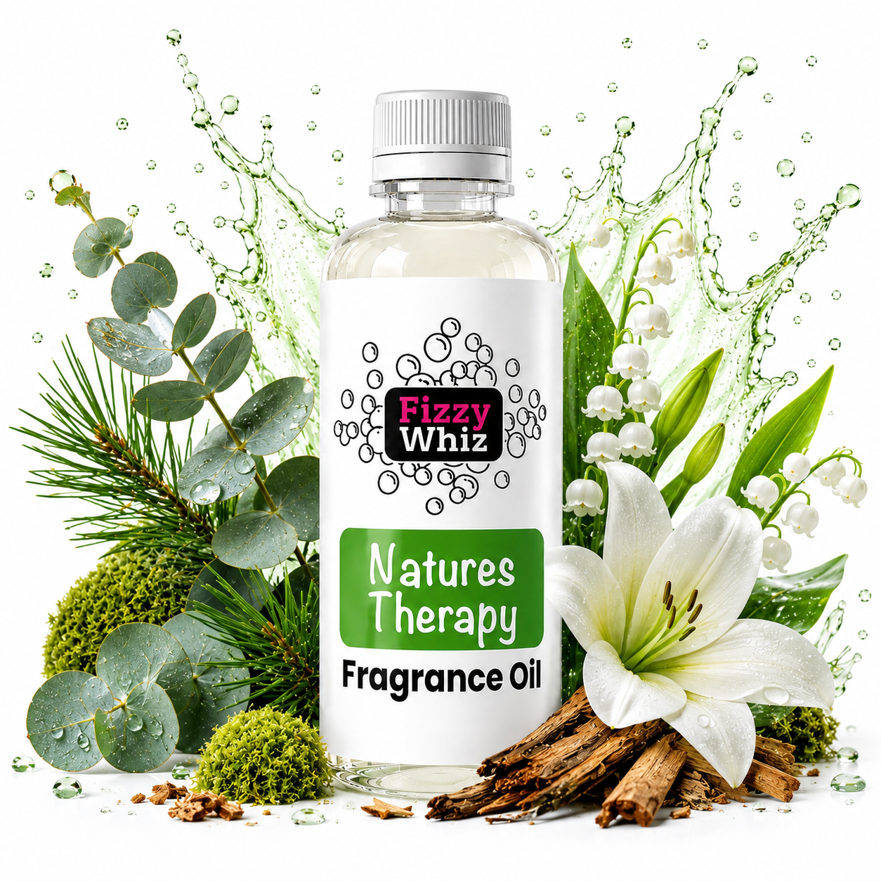 A bottle of Fizzy Whiz Natures Therapy Fragrance Oil centered on a white background, surrounded by natural ingredients including eucalyptus leaves, pine needles, moss, cinnamon sticks, a white lily of the valley, and a green splash effect.