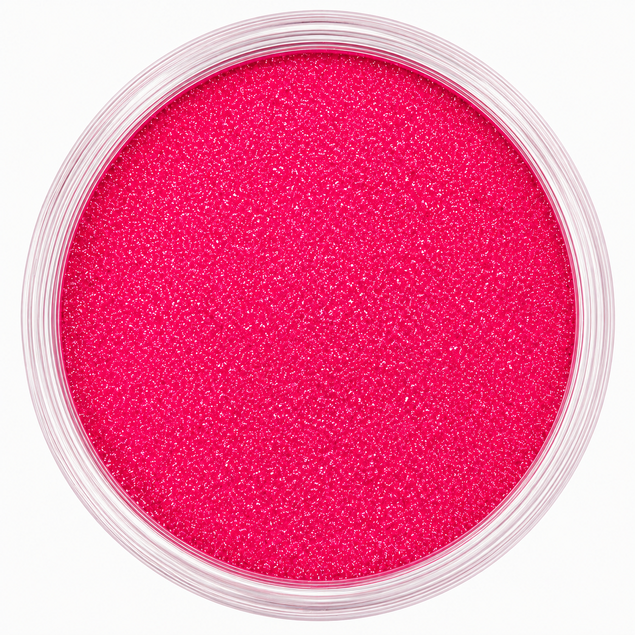 A top-down view of a round clear plastic jar filled with bright hot pink glitter powder, set against a clean white background.