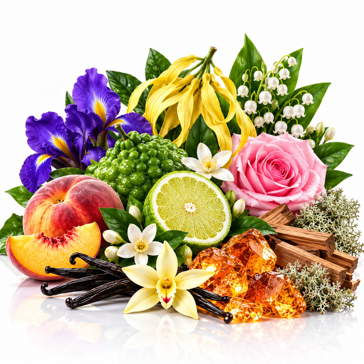 A colorful botanical and botanical blend arrangement featuring purple irises, a pink rose, yellow mace, vanilla beans, a lime slice, white lily of the valley, peach slices, amber crystals, cinnamon sticks, and green leaves on a white reflective background.