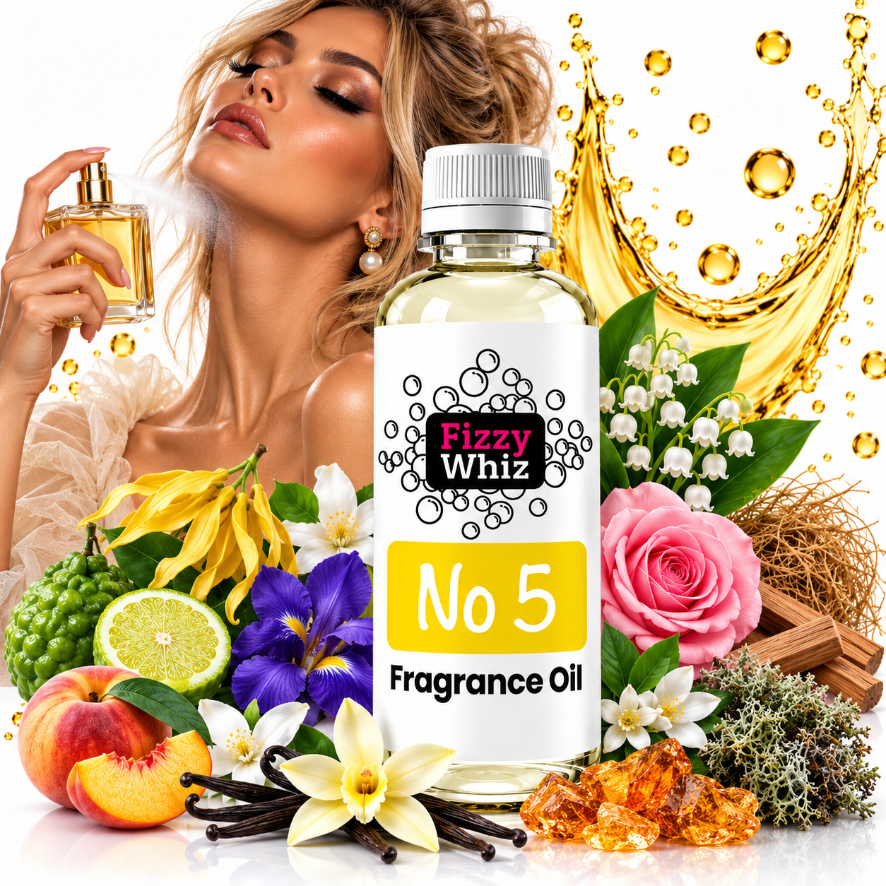 A bottle of Fizzy Whiz No 5 Fragrance Oil centered in a stylized commercial composition, surrounded by flowers, fruit, vanilla beans, crystals, and a woman holding a perfume bottle in the background. The bottle has a white cap and a white label with the brand name Fizzy Whiz and the text 'No 5 Fragrance Oil'.