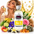 A bottle of Fizzy Whiz No 5 Fragrance Oil centered in a stylized commercial composition, surrounded by flowers, fruit, vanilla beans, crystals, and a woman holding a perfume bottle in the background. The bottle has a white cap and a white label with the brand name Fizzy Whiz and the text 'No 5 Fragrance Oil'.