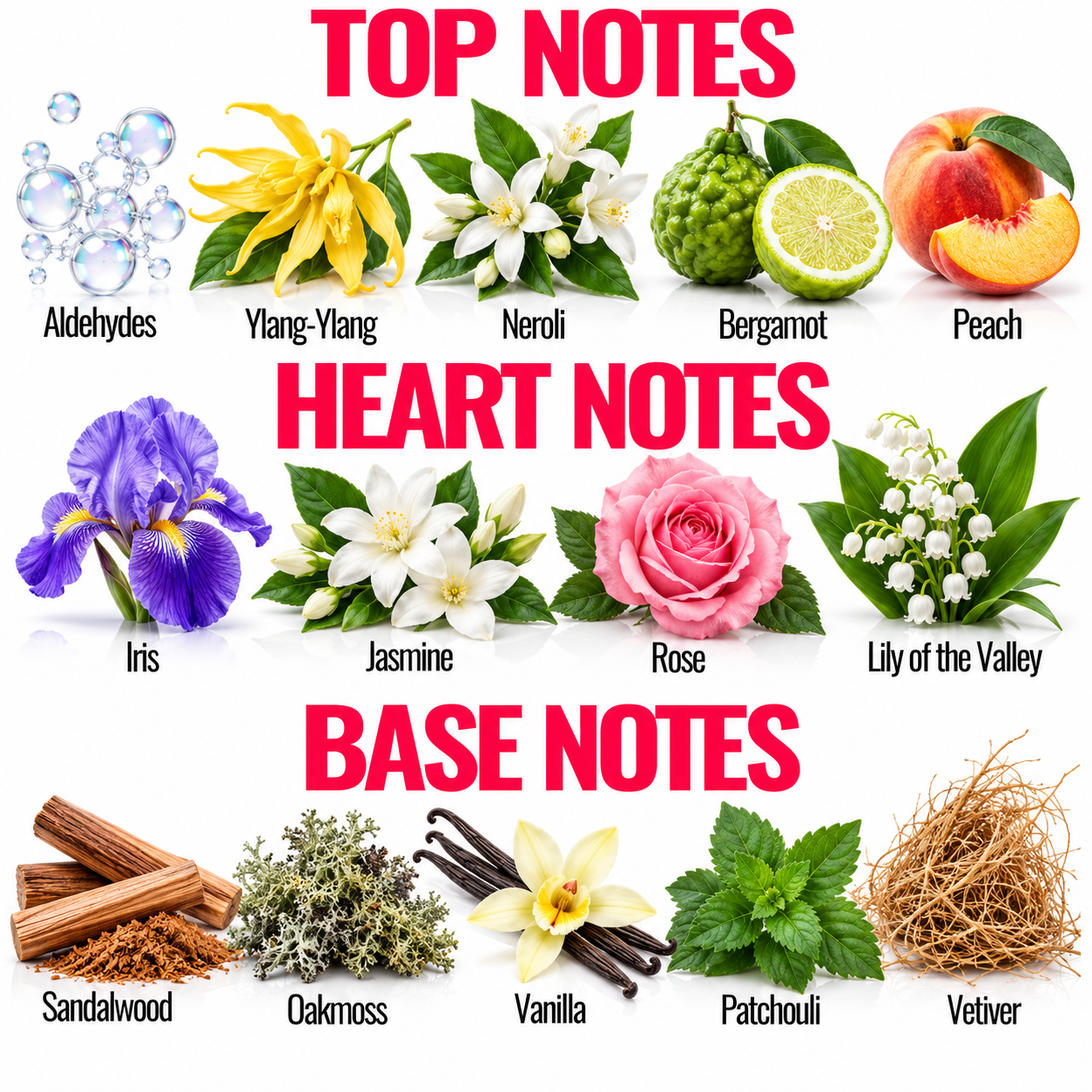A botanical fragrance chart titled 'TOP NOTES', 'HEART NOTES', and 'BASE NOTES' with labeled illustrations of flowers, bark, and herbs: Aldehydes, Ylang-Ylang, Neroli, Bergamot, Peach, Iris, Jasmine, Rose, Lily of the Valley, Sandalwood, Oakmoss, Vanilla, Patchouli, and Vetiver.