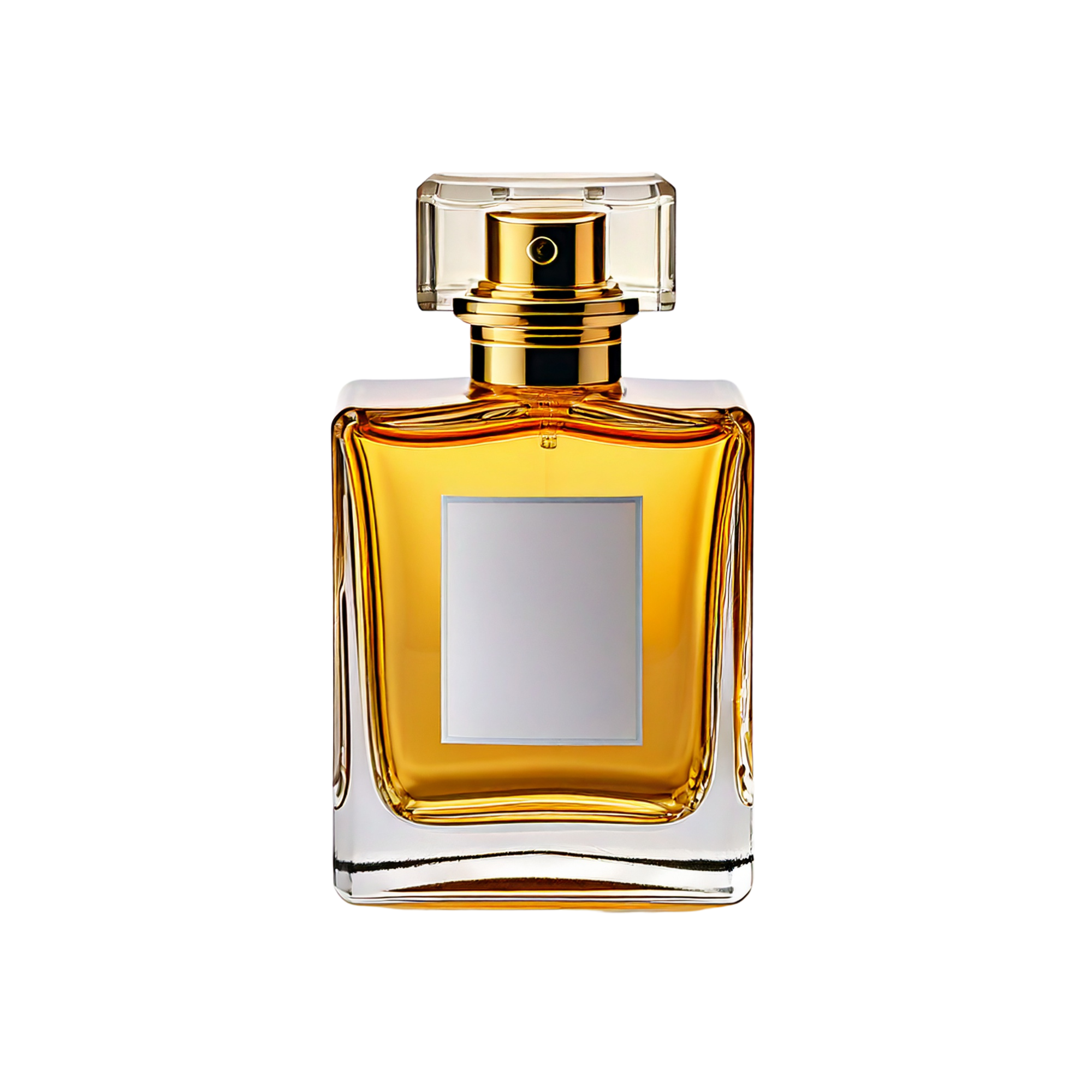 Clear rectangular perfume bottle filled with golden amber liquid, featuring a square label area and a clear faceted cap, on a light background.