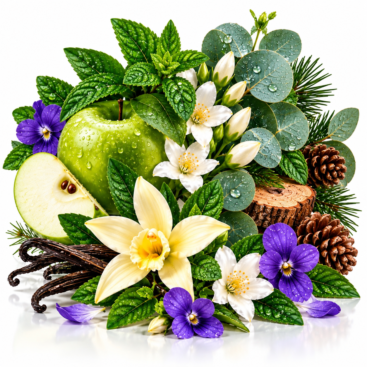 A styled botanical arrangement on a white background featuring a green apple, vanilla beans, white and purple flowers, pine needles, eucalyptus leaves, and green leaves.