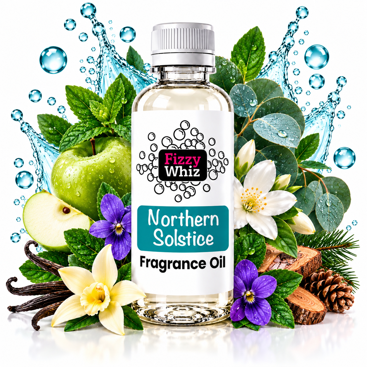 A bottle of Fizzy Whiz Northern Solstice Fragrance Oil centered on a white background, surrounded by green apple, white flower, purple flowers, mint leaves, eucalyptus leaves, vanilla beans, pinecones, and blue water splash graphics.