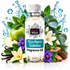 A bottle of Fizzy Whiz Northern Solstice Fragrance Oil centered on a white background, surrounded by green apple, white flower, purple flowers, mint leaves, eucalyptus leaves, vanilla beans, pinecones, and blue water splash graphics.