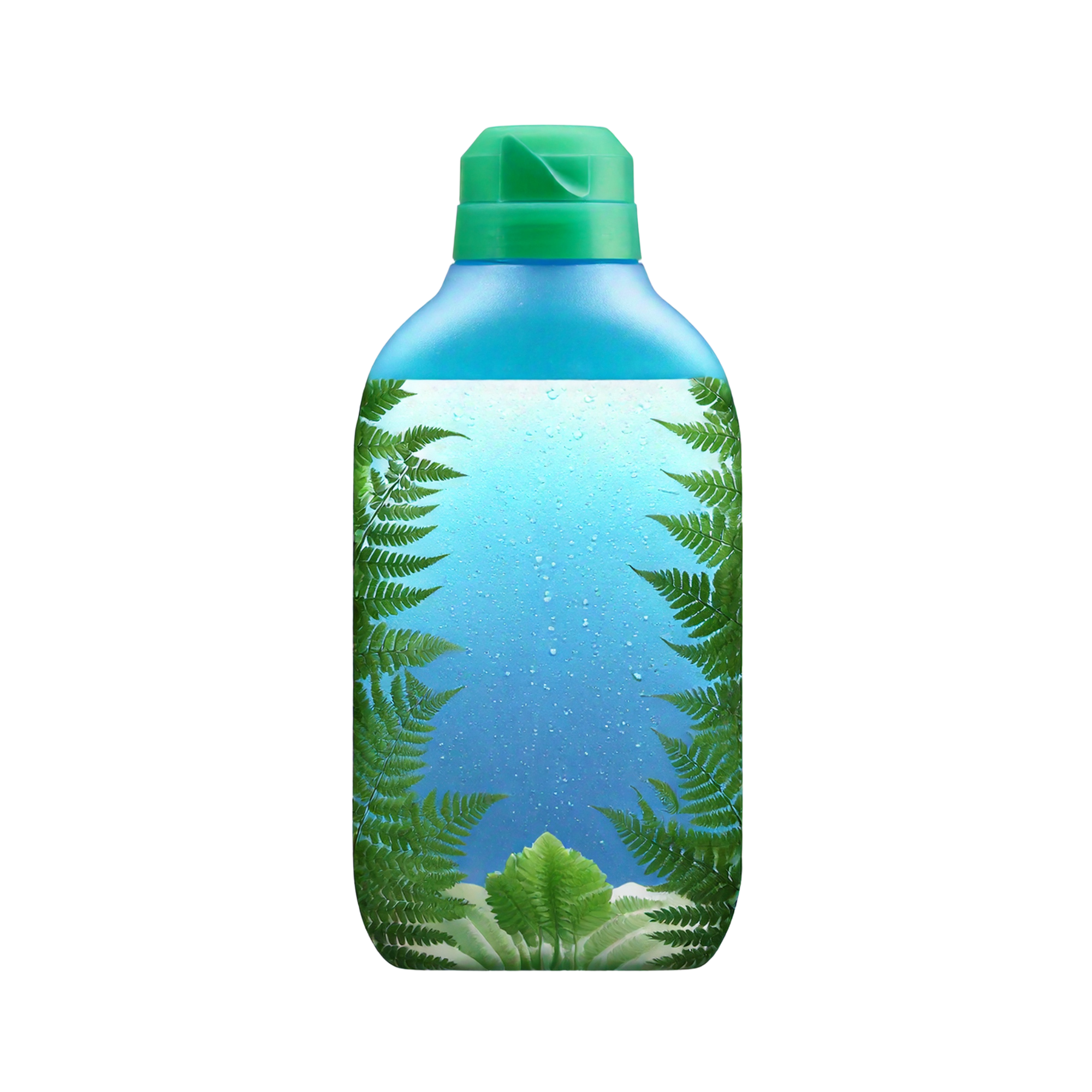 Blue cosmetic bottle with a green flip-top cap, featuring a nature-inspired design of green fern leaves framing a fresh blue background.