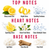 A fragrance notes graphic with the headings TOP NOTES, HEART NOTES, and BASE NOTES. The top notes section shows lemons, citrus slices, and water droplets labeled Sharp Lemon Zest, Bright Citrus, and Sparkling Freshness.