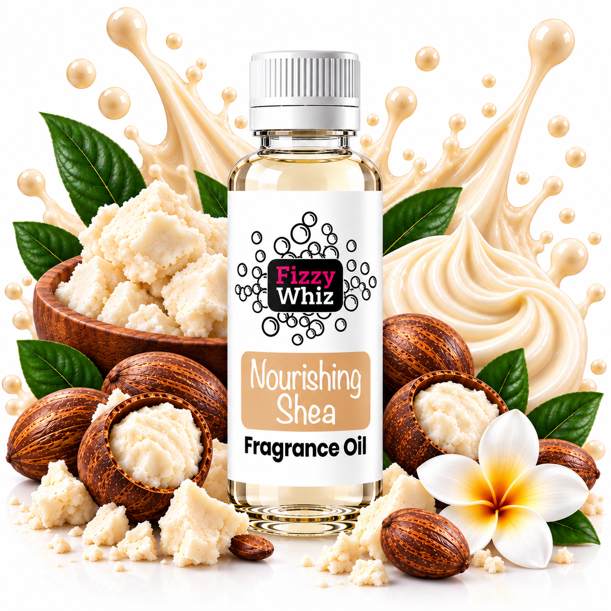 A bottle of Fizzy Whiz Nourishing Shea Fragrance Oil centered against a stylized background of shea nuts, shea butter, leaves, and cream splashes. The bottle has a white cap and a white label with the brand name 'Fizzy Whiz' and product name 'Nourishing Shea Fragrance Oil'.