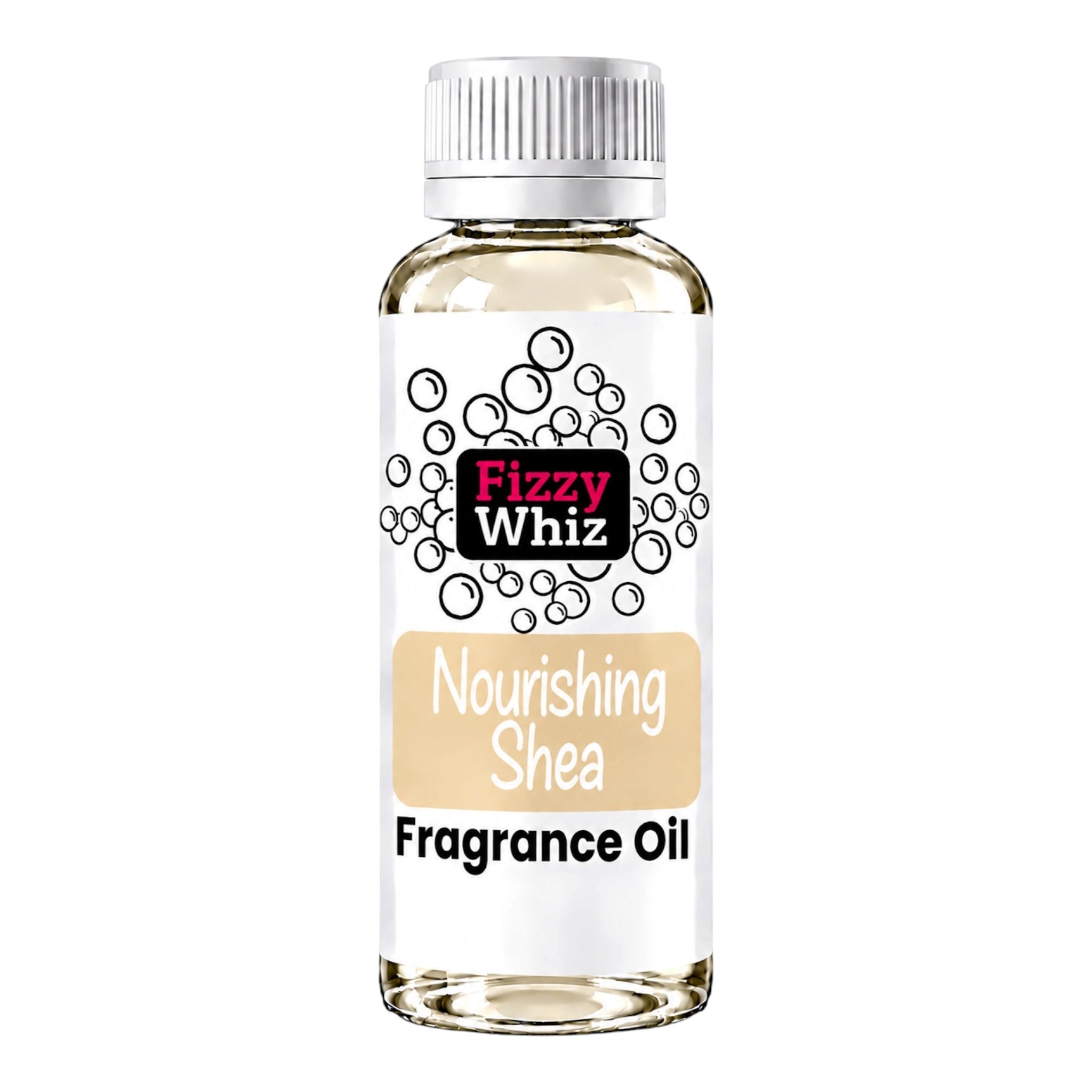 A bottle of Fizzy Whiz Nourishing Shea Fragrance Oil on a solid white background. The bottle is clear glass showing the pale yellow oil inside, topped with a white ribbed cap and a white label featuring the brand logo and product name.