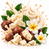A styled product graphic showing creamy off-white cosmetic cream or balm with brown nutmegs, green leaves, and two white plumeria flowers on a white background.