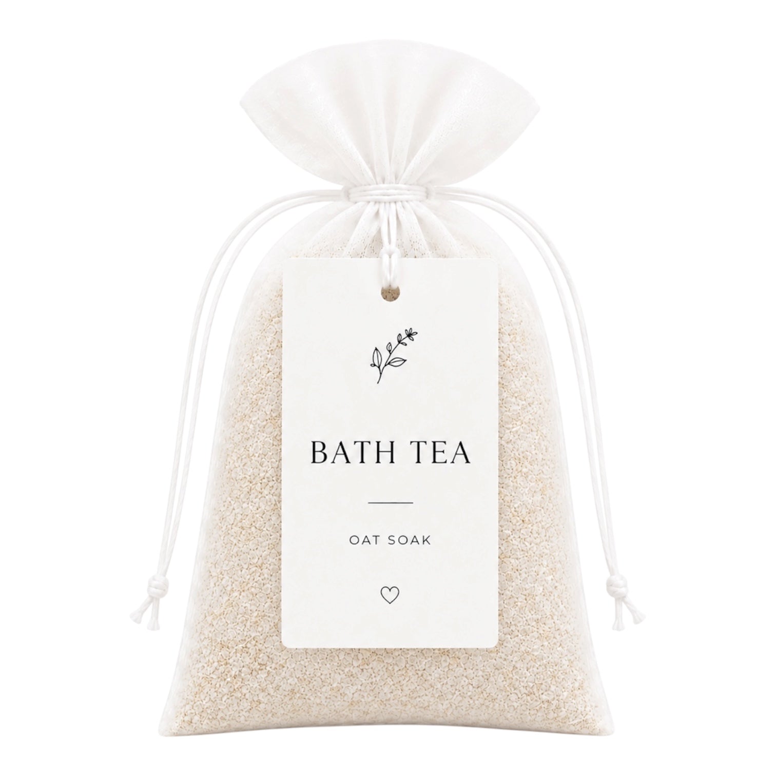 Bag of bath tea with a label on a white background