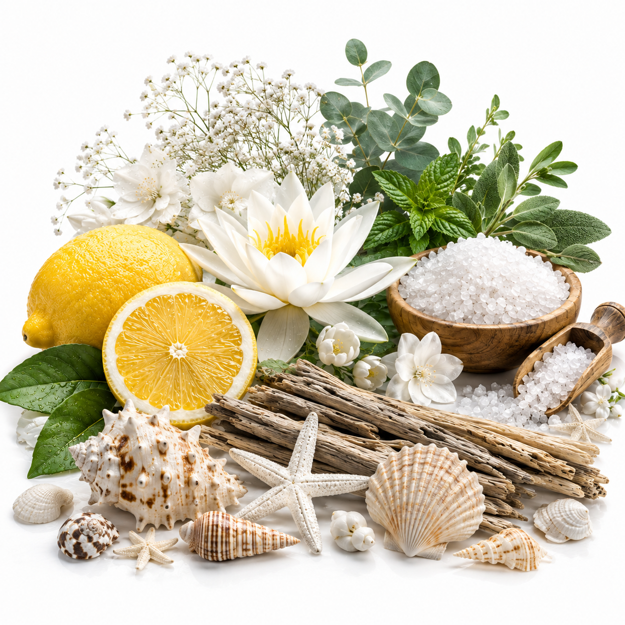 A styled arrangement of spa and beach-themed ingredients on a white background, including a whole and sliced lemon, white flowers, green leaves, driftwood, starfish, seashells, a wooden bowl filled with coarse white salt, and a small wooden scoop with more salt.