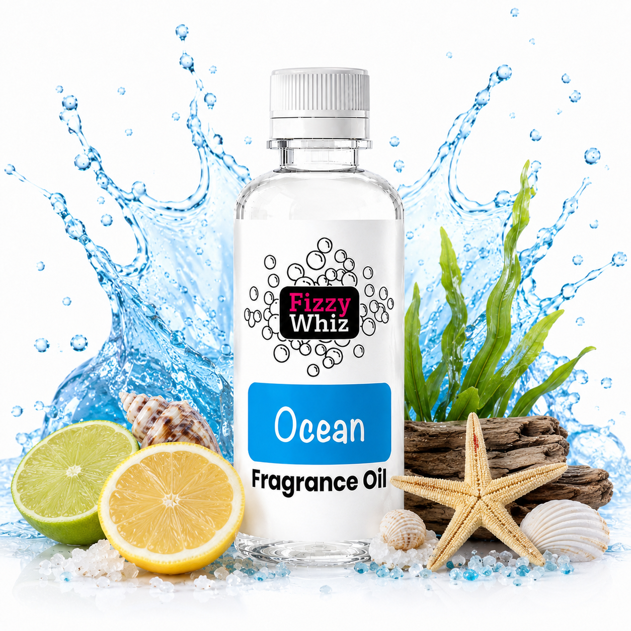 A bottle of Fizzy Whiz Ocean Fragrance Oil centered on a white background, surrounded by ocean-themed props including a starfish, seashells, driftwood, green seaweed, and sliced lime and lemon with water splash graphics behind it.
