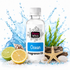 A bottle of Fizzy Whiz Ocean Fragrance Oil centered on a white background, surrounded by ocean-themed props including a starfish, seashells, driftwood, green seaweed, and sliced lime and lemon with water splash graphics behind it.