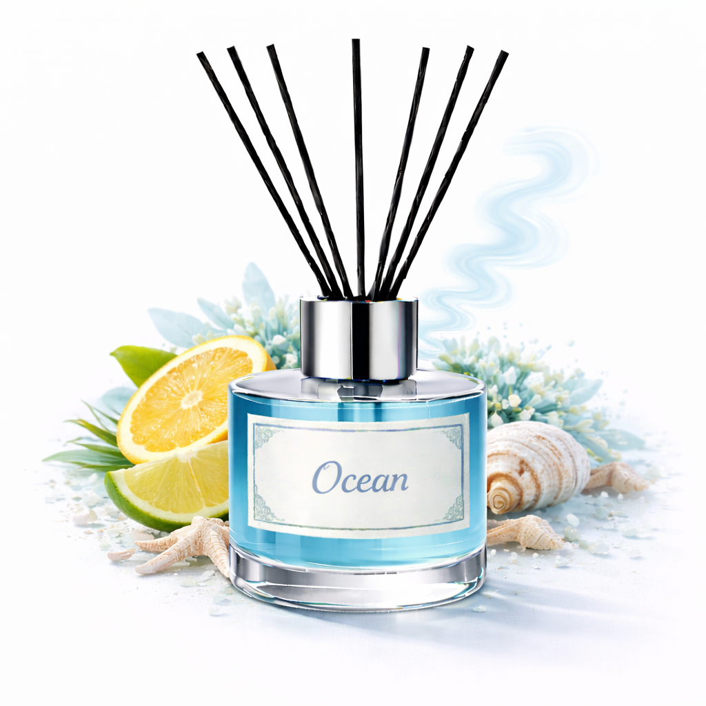 Reed diffuser labeled 'Ocean' with lemons, lime, and seashells on a white background