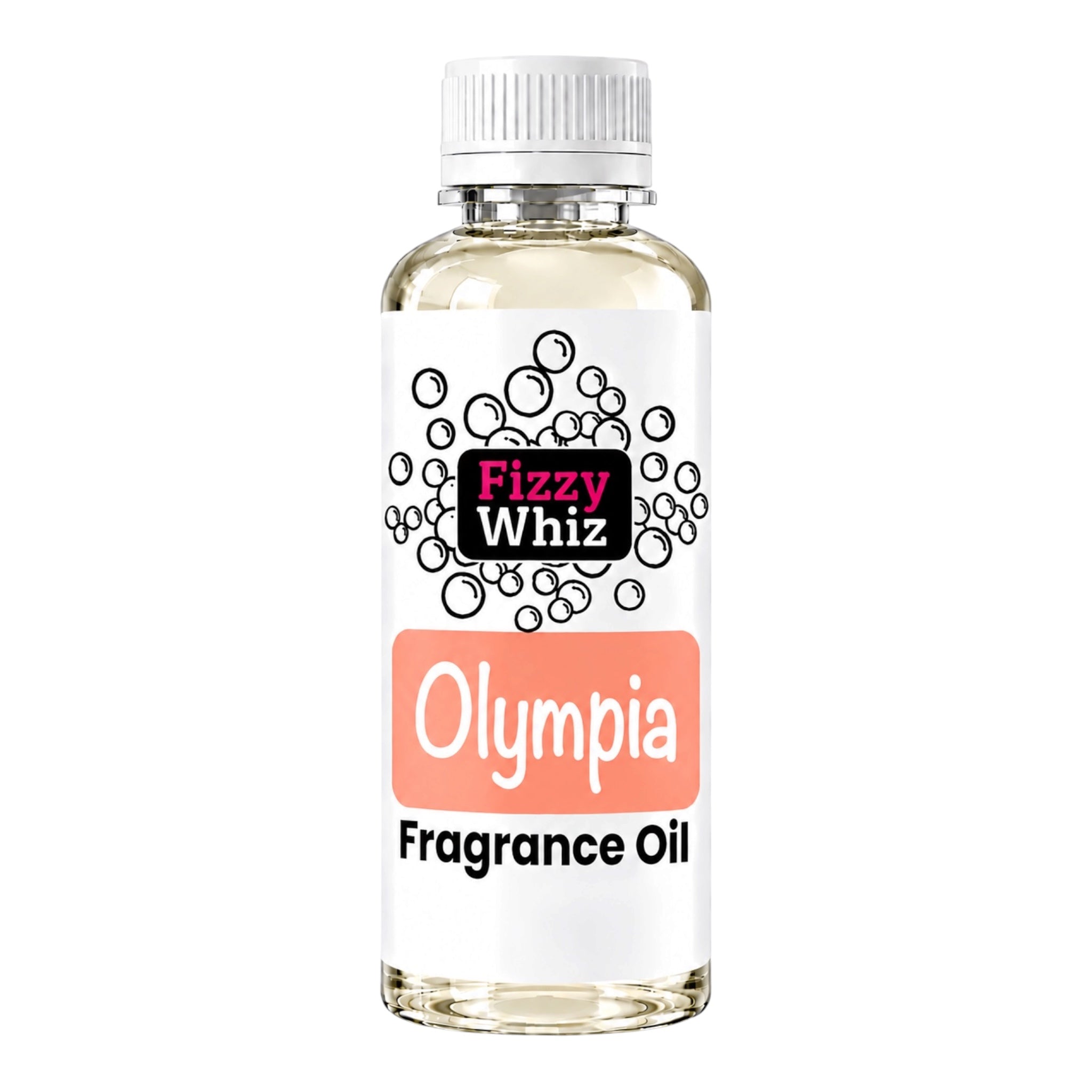 A bottle of Fizzy Whiz Olympia Fragrance Oil on a solid white background. The bottle is made of clear glass showing the pale yellow liquid inside, topped with a white ribbed cap and a white label featuring the brand logo and product name.