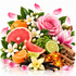 A vibrant botanical and citrus arrangement on a white background, featuring pink roses, pink grapefruit slices, lime halves, orange segments, white flowers, vanilla beans, cinnamon sticks, amber resin, and scattered pink petals.